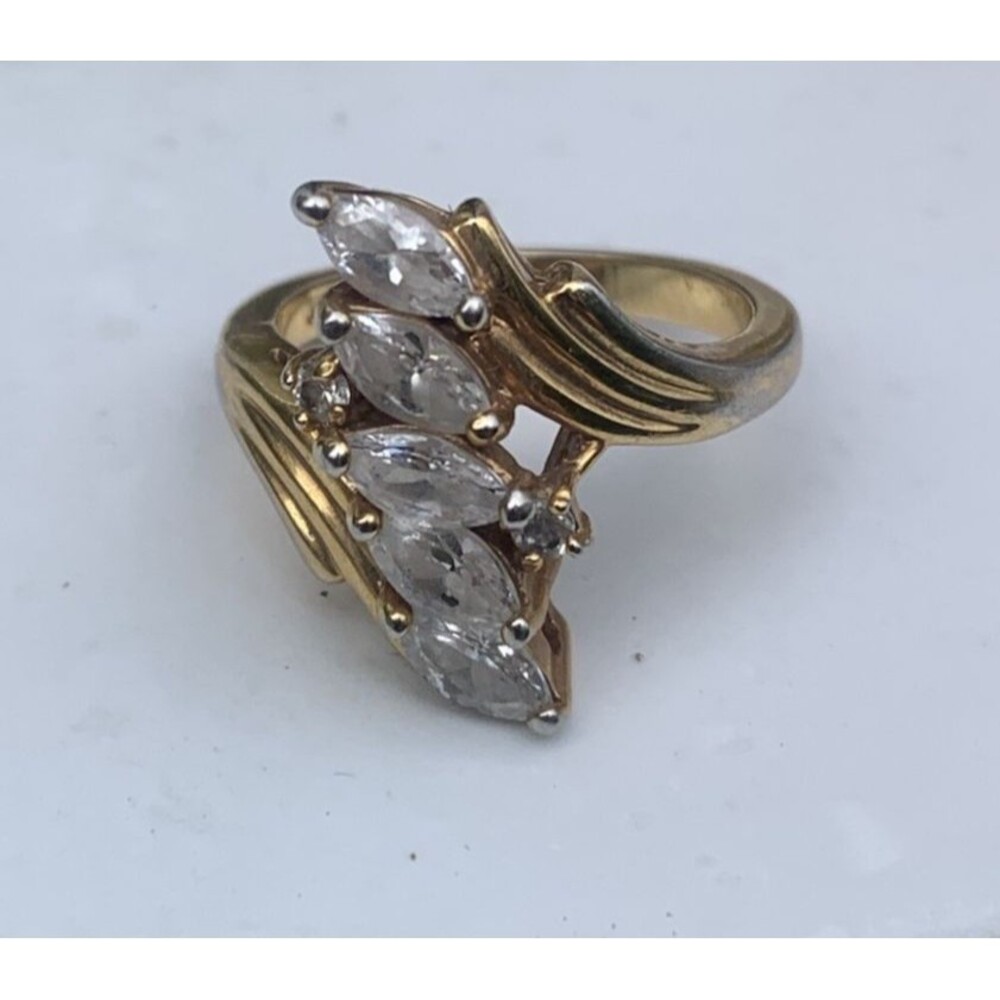 Vintage Gold Plated Clear Sparkly Marquise Ladies Statement Band Ring Size 6 JC